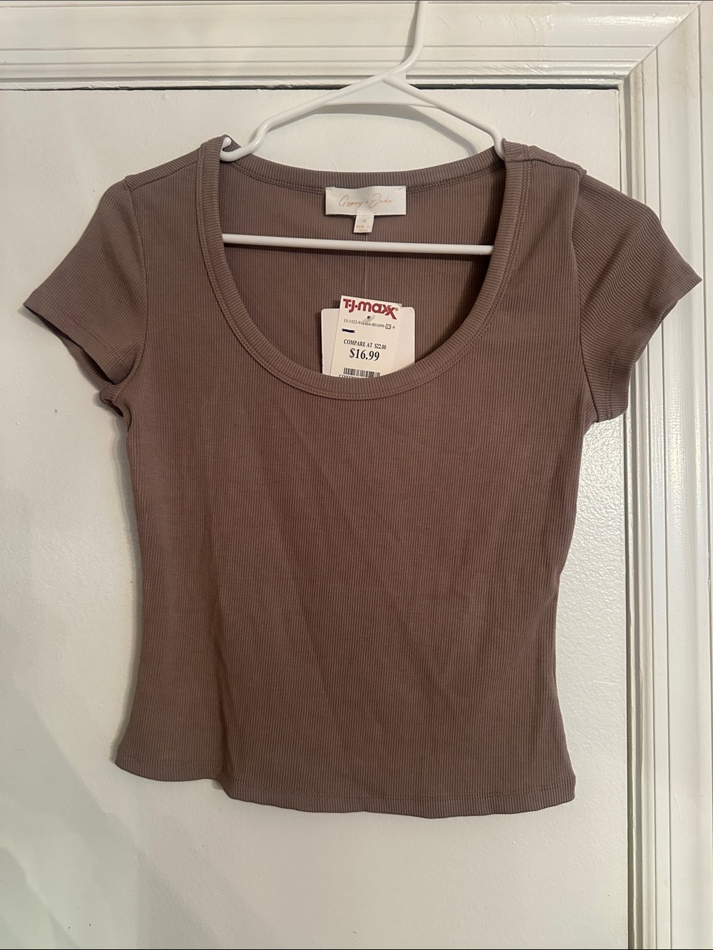 Ribbed Scoop Neck Short Sleeve Top - Taupe